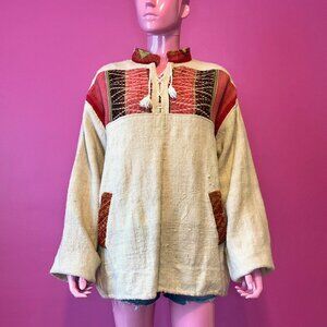 Vintage 70s M/L Maya Hand Woven Wool Brocade Pullover Outerwear Chiapas Mexico